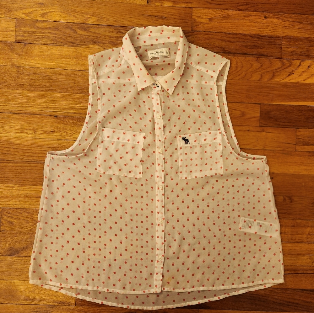 Abercombrie & Fitch White & Pink Sheer Polka Dot Button Up Blouse Size L
